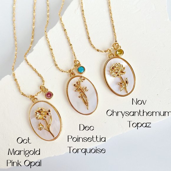 New Birth Flower Necklace with Birthstone Gold Necklace, Mother of Pearl Pendant - Picture 4 of 7
